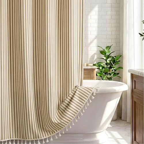 HunnmingRe Taupe Farmhouse Striped Shower Curtain Tasseled 72x72 Inch