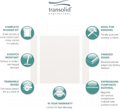 Transolid Expressions 3-Panel Shower Wall Kit | 36×60×72-in | White | Easy Install Alcove Surround