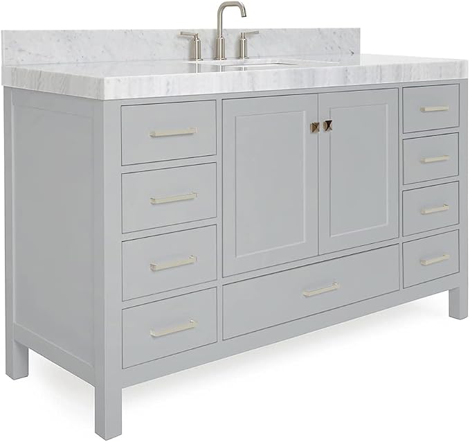 ARIEL Cambridge 60-inch Bathroom Vanity with Sink,Solid Wood, 2-inch Italian Carrara Marble Countertop, Single Rectangular Porcelain Sink, 2 Soft Closing Doors, 9 Dovetail Drawers, Grey