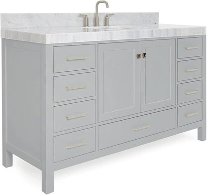 ARIEL Cambridge 60-inch Bathroom Vanity with Sink,Solid Wood, 2-inch Italian Carrara Marble Countertop, Single Rectangular Porcelain Sink, 2 Soft Closing Doors, 9 Dovetail Drawers, Grey