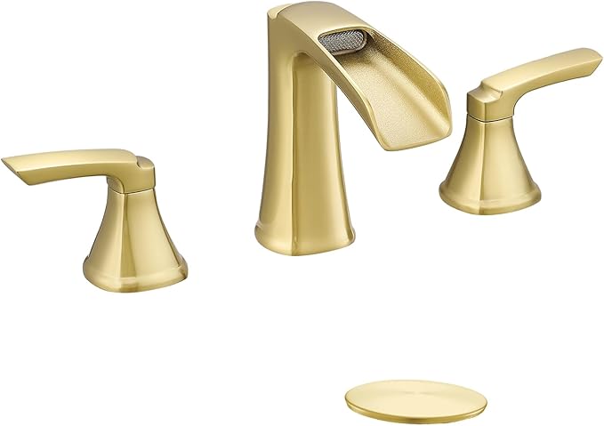 Fapully Bathroom Faucet 3 Hole, Polished Brushed Gold Waterfall 8 Inch Widespread Bathroom Sink Faucet with Pop-up Drain, Two-Handle Faucet for Bathroom Sink