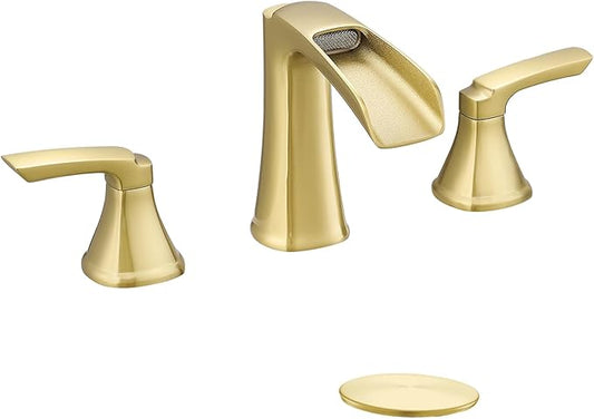 Fapully Bathroom Faucet 3 Hole, Polished Brushed Gold Waterfall 8 Inch Widespread Bathroom Sink Faucet with Pop-up Drain, Two-Handle Faucet for Bathroom Sink