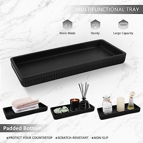 XLHOMO Resin Matte Black Bathroom Accessories Set 5 Pcs, Lotion Soap Dispenser, Toothbrush Holder, Bathroom Tumbler, Qtip Holder and Vanity Tray, Bathroom Countertop Organizer Set for Home Apartment