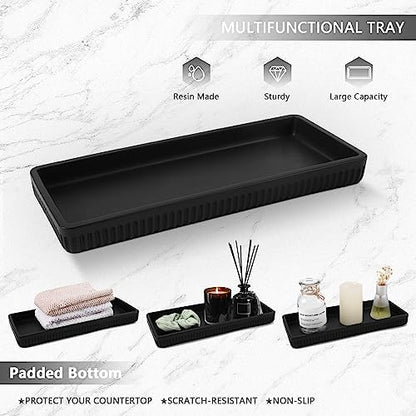 XLHOMO Resin Matte Black Bathroom Accessories Set 5 Pcs, Lotion Soap Dispenser, Toothbrush Holder, Bathroom Tumbler, Qtip Holder and Vanity Tray, Bathroom Countertop Organizer Set for Home Apartment