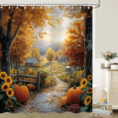 Fall Shower Curtain, Autumn Pumpkin Tree Bathroom Decor, 72 x 72 Inch Polyester Fabric Waterproof Bathroom Curtain with 12 Hooks