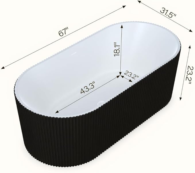 67" Freestanding Bathtub, Acrylic Soaking Tub with V Shape Pleated Design, Chrome Drain & Classic Slotted Overflow, CUPC Certified, Black and White for Modern Bathroom