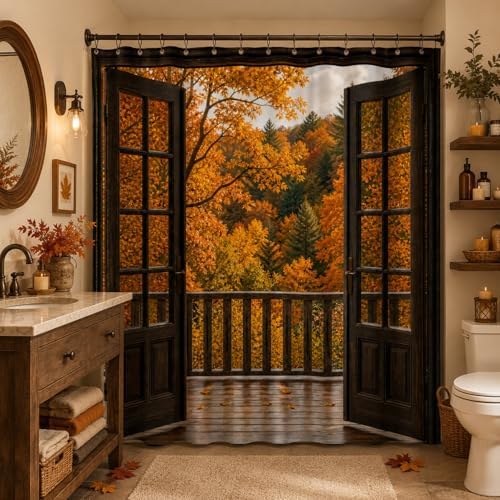 Fall Shower Curtain, Autumn Forest Window View Decor Bathroom Curtains, Maple Leaves Open Door Balcony Rustic Farmhouse Waterproof Polyester Shower Curtain with Hooks,72x72 Inch