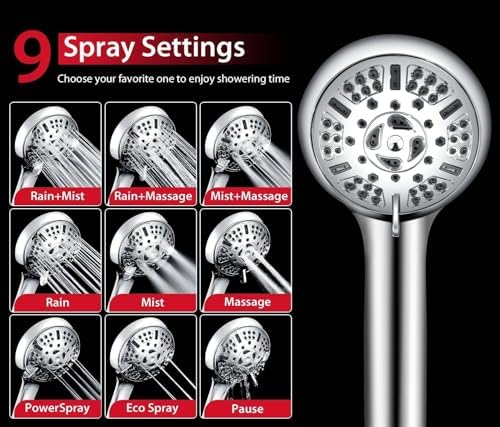 GRICH 2.5GPM Shower Head with Handheld Spray Combo: 2 in 1 Rainfall Shower Heads high pressure & Handheld Shower Head, 9 Spray Modes/Settings Detachable Shower Head with 60 Inch Hose (Pack of 2)