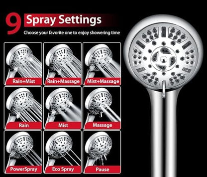 GRICH 2.5GPM Shower Head with Handheld Spray Combo: 2 in 1 Rainfall Shower Heads high pressure & Handheld Shower Head, 9 Spray Modes/Settings Detachable Shower Head with 60 Inch Hose (Pack of 2)