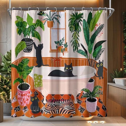 Funny Cat Shower Curtain Boho Cute Fun Black Cats Matisse Shower Curtains for Bathroom Kitten Green Tropical Plant Leaves Beige Brown Red Waterproof Fabric Bath Curtain Decor 72 X 84 Inches