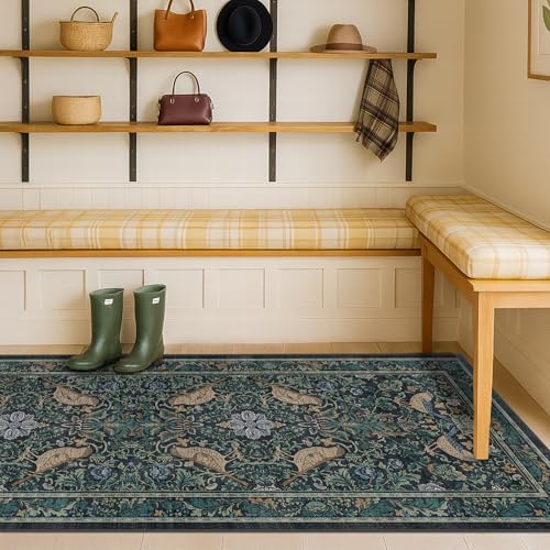 Boho 2x5 Entryway Indoor Runner for Bathroom - Botanical Bird Runner Rug for Kitchen Floor, Hallway, Bedroom, Entrance, Blue and Teal Neutral Vintage Decor, Washable Non Slip Low Pile