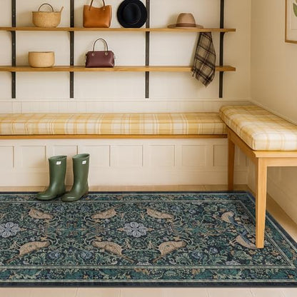 Boho 2x5 Entryway Indoor Runner for Bathroom - Botanical Bird Runner Rug for Kitchen Floor, Hallway, Bedroom, Entrance, Blue and Teal Neutral Vintage Decor, Washable Non Slip Low Pile