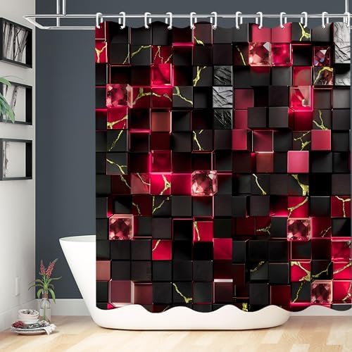 LQCOOL 4Pcs Black and Red Shower Curtain Set 3D Cubes Bathroom Sets Modern Shower Curtain Set for Bathroom Sets with Rugs and 12 Hooks