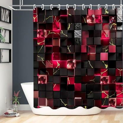 LQCOOL 4Pcs Black and Red Shower Curtain Set 3D Cubes Bathroom Sets Modern Shower Curtain Set for Bathroom Sets with Rugs and 12 Hooks