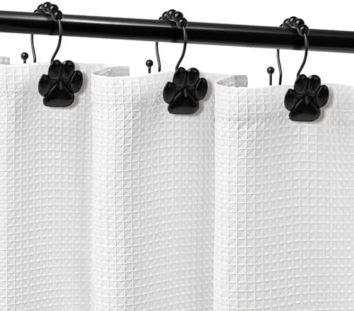 Sunlit Fashion Design Cute Paw Print Polished Double Shower Curtain Hooks for Dog Cat and Bear, Rust Proof Oil Metal Shower Curtain Rings, Black-12 Pack