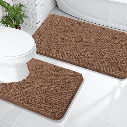 OLANLY Chenille Bathroom Rugs Mats Sets 2 Piece, 47"x20"+24"x20", Mocha