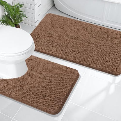 OLANLY Chenille Bathroom Rugs Mats Sets 2 Piece, 47"x20"+24"x20", Mocha