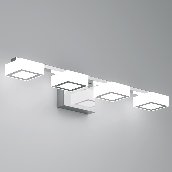 LED Modern Bathroom Light Fixtures Over Mirror, 4-Light Dimmable Vanity Lights, Chrome Acrylic Bathroom Vanity Light, 2700K-6500K Adjustable, ETL Certificated