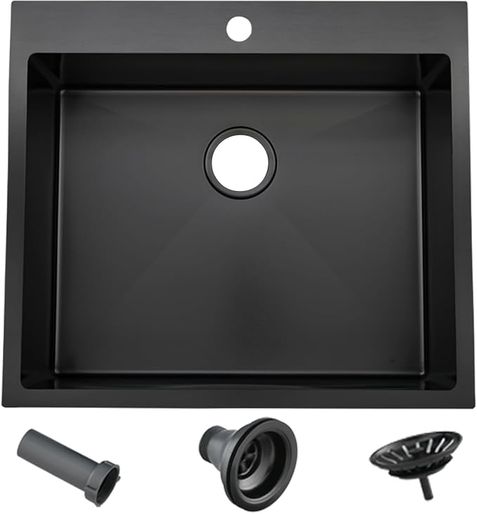 VAPSINT 25 x 22 Inch Black Drop In Kitchen Sink, 25 Inch Top Mount 16 Gauge Extra-Thick Stainless Steel Single Bowl Deep Small Kitchen Sink, RV Laundry Utility Sinks with Basket Strainer