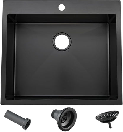 VAPSINT 25 x 22 Inch Black Drop In Kitchen Sink, 25 Inch Top Mount 16 Gauge Extra-Thick Stainless Steel Single Bowl Deep Small Kitchen Sink, RV Laundry Utility Sinks with Basket Strainer