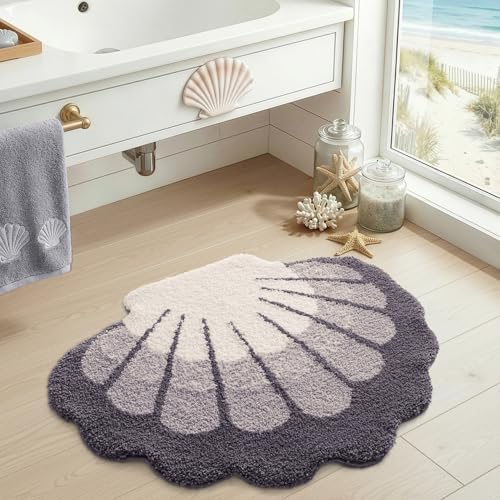 DEXI Cute Seashell Bath Mat, Coastal Scallop Bathroom Rug, 31x24 Grey