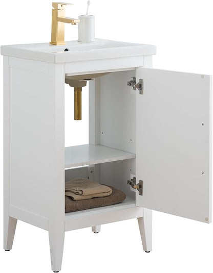 HomeBeyond 20 Inch Bathroom Vanity with Sink & Ceramic Top, Single Vanity Cabinet with Basin, Soft-Closing Doors & Matte Black Hardware, White