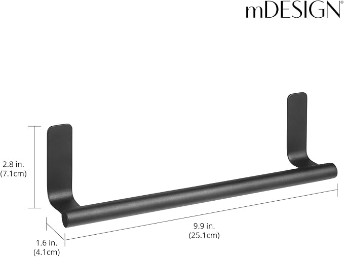 mDesign Steel Wall-Mounted Towel Rack Storage Holder - Self-Adhesive Space Saving Towel Bar for Bathroom, Kitchen - Holds Hand Towels - Stick on Doors or Cabinet - Omni Collection - 2 Pack - Black