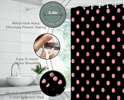 Polka Dot Shower Curtain Pink Spot Black Retro Vintage Fabric Decorative Bathroom Curtains with Hooks,75" Wx70 H
