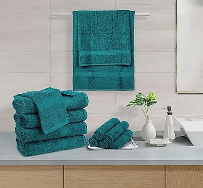 HILLFAIR 100% Cotton 24 Piece Bath Towels Set for Bathroom - Teal