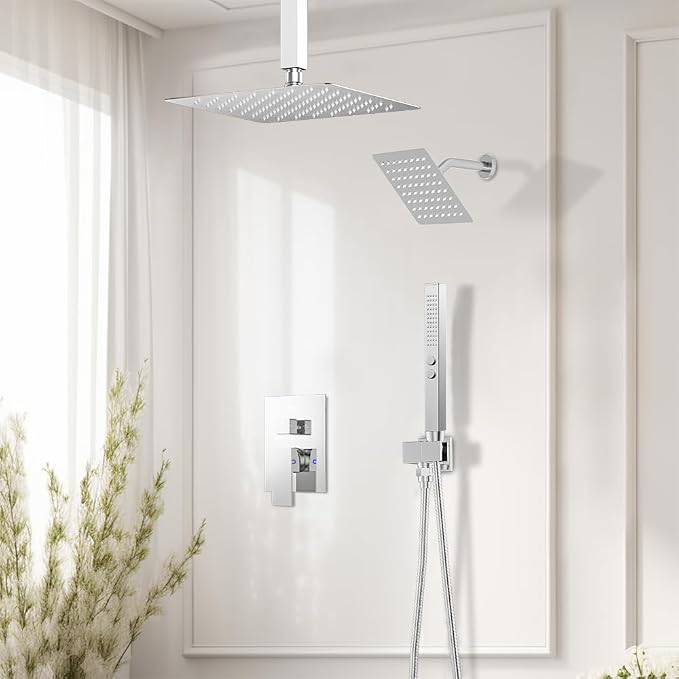 Shower System Shower Faucet Set, STARBATH 12"+6" Ceiling Mount Rain Shower Head and Handheld Spray for Two Person, Rainfall Shower System with Diverter Valve and Trim Kit Complete,Chrome