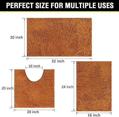 Bathroom Rugs Chenille 3-Piece Extra Soft and Absorbent Shag Bathroom Rugs, Machine Wash Mat, Strong PVC Non-Slip Underside, Plush Carpet Mats (Champagne)