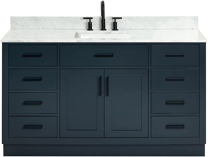 ARIEL Hepburn 60-inch Bathroom Vanity with Sink,Solid Wood, 0.75-inch Italian Carrara Marble Countertop, Single Rectangular Porcelain Sink, 2 Soft Closing Doors, 9 Dovetail Drawers, Midnight Blue