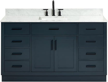 ARIEL Hepburn 60-inch Bathroom Vanity with Sink,Solid Wood, 0.75-inch Italian Carrara Marble Countertop, Single Rectangular Porcelain Sink, 2 Soft Closing Doors, 9 Dovetail Drawers, Midnight Blue