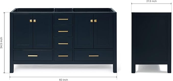 ARIEL Cambridge 60-inch Bathroom Vanity Base Cabinet,Solid Wood, 4 Soft Closing Doors, 6 Dovetail Drawers, Midnight Blue