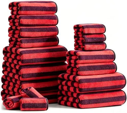 18 Pcs Red Black Cabana Stripe Bath Towel Set with Hanging Loop-6 Bath Towels,6 Hand Towels,6 Washcloths Family Towels Soft Microfiber Highly Absorbent Shower Towel for Bathroom Beach Spa Gym