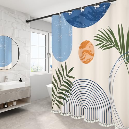 Boho Mid Century Leaf Shower Curtain Set,Arch Sun Design,Minimalistic Leaves Pattern,Waterproof and Luxurious Fabric-12 Hooks(Light Blue-72" x 78")