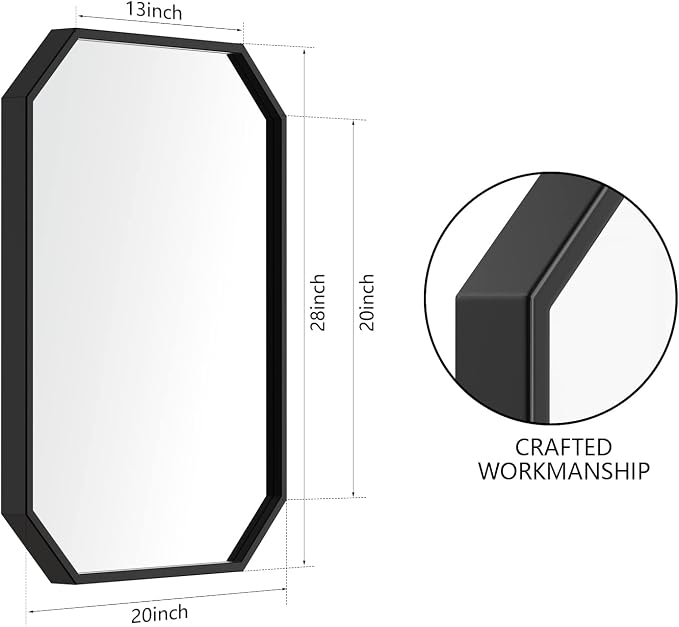 Black Bathroom Mirror 20x28 Inch Octagon Wall Mirror | Rectangle Vanity Mirror Metal Frame Accent Mirror Decorative Rustic Makeup Mirror Hanging for Over Sink Entryway