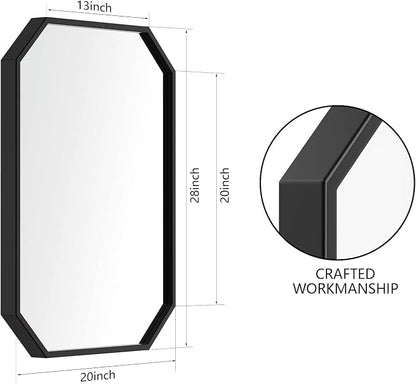 Black Bathroom Mirror 20x28 Inch Octagon Wall Mirror | Rectangle Vanity Mirror Metal Frame Accent Mirror Decorative Rustic Makeup Mirror Hanging for Over Sink Entryway