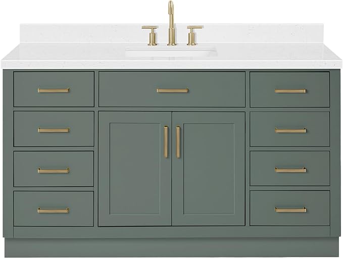 ARIEL Hepburn 60-inch Bathroom Vanity with Sink,Solid Wood, 1.5-inch Carrara White Quartz Countertop, Single Rectangular Porcelain Sink, 2 Soft Closing Doors, 9 Dovetail Drawers, Vintage Green