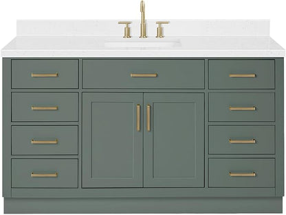 ARIEL Hepburn 60-inch Bathroom Vanity with Sink,Solid Wood, 1.5-inch Carrara White Quartz Countertop, Single Rectangular Porcelain Sink, 2 Soft Closing Doors, 9 Dovetail Drawers, Vintage Green