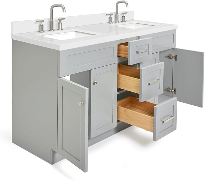 DKB Bradford 60" Grey Double Bathroom Vanity with 1.5" Pure White Quartz Countertop, Rectangular Undermount Sinks, 2 Soft Closing Doors, 3 Dovetail Drawers, Brushed Nickel