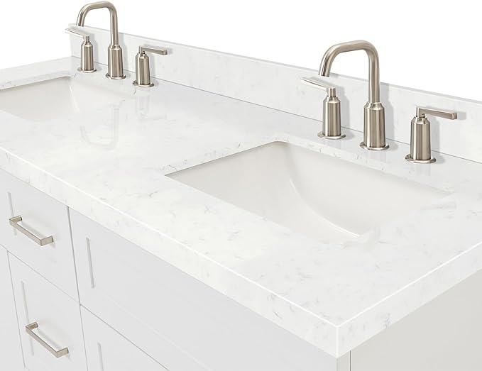 ARIEL Hamlet 60-inch Bathroom Vanity with Sink,Solid Wood, 1.5-inch Carrara White Quartz Countertop & Backsplash, Double Rectangular Porcelain Sink, 4 Soft Closing Doors, 3 Dovetail Drawers, White