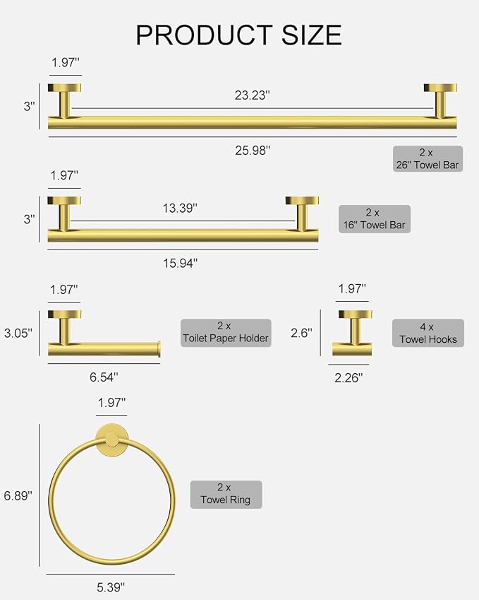 Wall-Mount Towel Bar Bathroom Hardware Accessory Set 12-Piece | Brushed Gold,Stainless Steel,Wall Mount,Bathroom Hardware Set,Simple DIY installation,Stain-resistant and easy to maintain