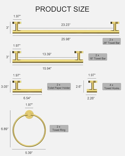 Wall-Mount Towel Bar Bathroom Hardware Accessory Set 12-Piece | Brushed Gold,Stainless Steel,Wall Mount,Bathroom Hardware Set,Simple DIY installation,Stain-resistant and easy to maintain