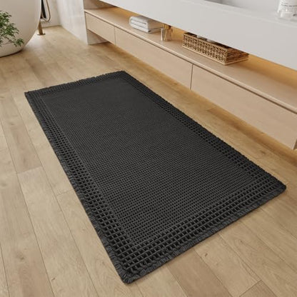 RESARE Waffle Bathroom Runner Rugs, Non Slip Boho Bath Mat 24"x48" Black
