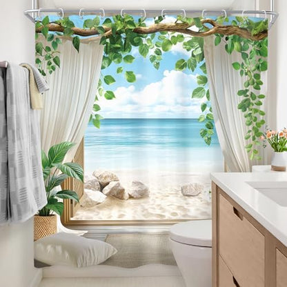 Ocean Blue Sea Coastal Beach Beachy Summer Bathroom Shower Curtain Set