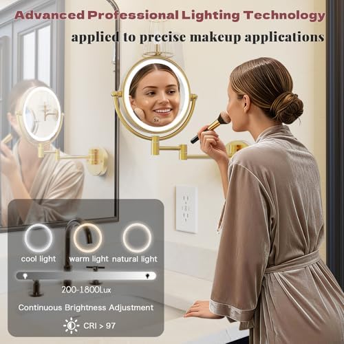 Rechargeable Wall Mount Makeup Mirror Gold for Bathroom, Upgraded Brightness 3 Colors LED Dimmable 360 Rotation Wall-Fixed Ergonomically 1X/5X Magnifying Mirror with Swing Arm, Brushed Gold