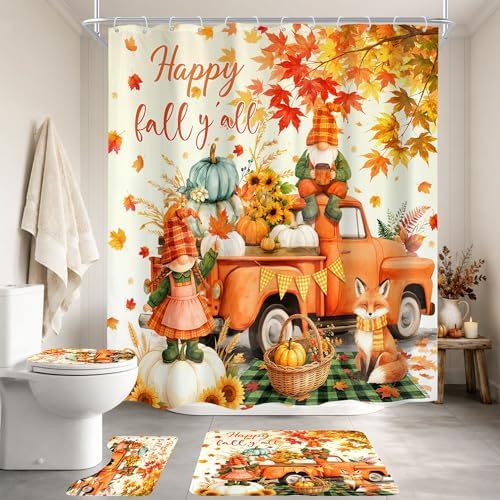 Autumn Fall Pumpkin Maple Leaves 4Pcs Bathroom Shower Curtain Set with Rugs