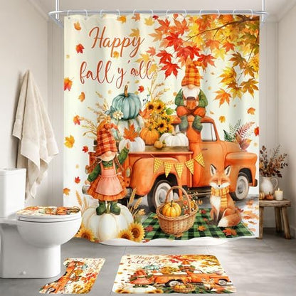 Autumn Fall Pumpkin Maple Leaves 4Pcs Bathroom Shower Curtain Set with Rugs