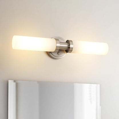 Brushed Nickel Bathroom Light Fixtures, 2-Light Vanity Lights W/White Glass Shade, Modern Sconces Wall Lighting for Mirror Kitchen Bedroom Hallway Living Room, E26 T10 Bulbs(Excluded)